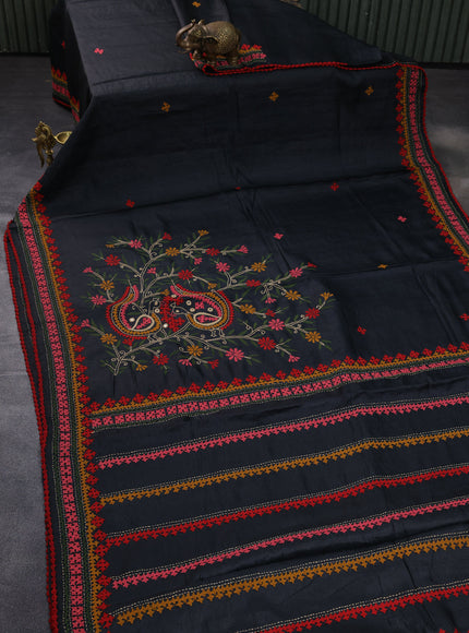 Elephant Grey & Red Pure Tussar Silk Saree With Allover Kutch Embroidery