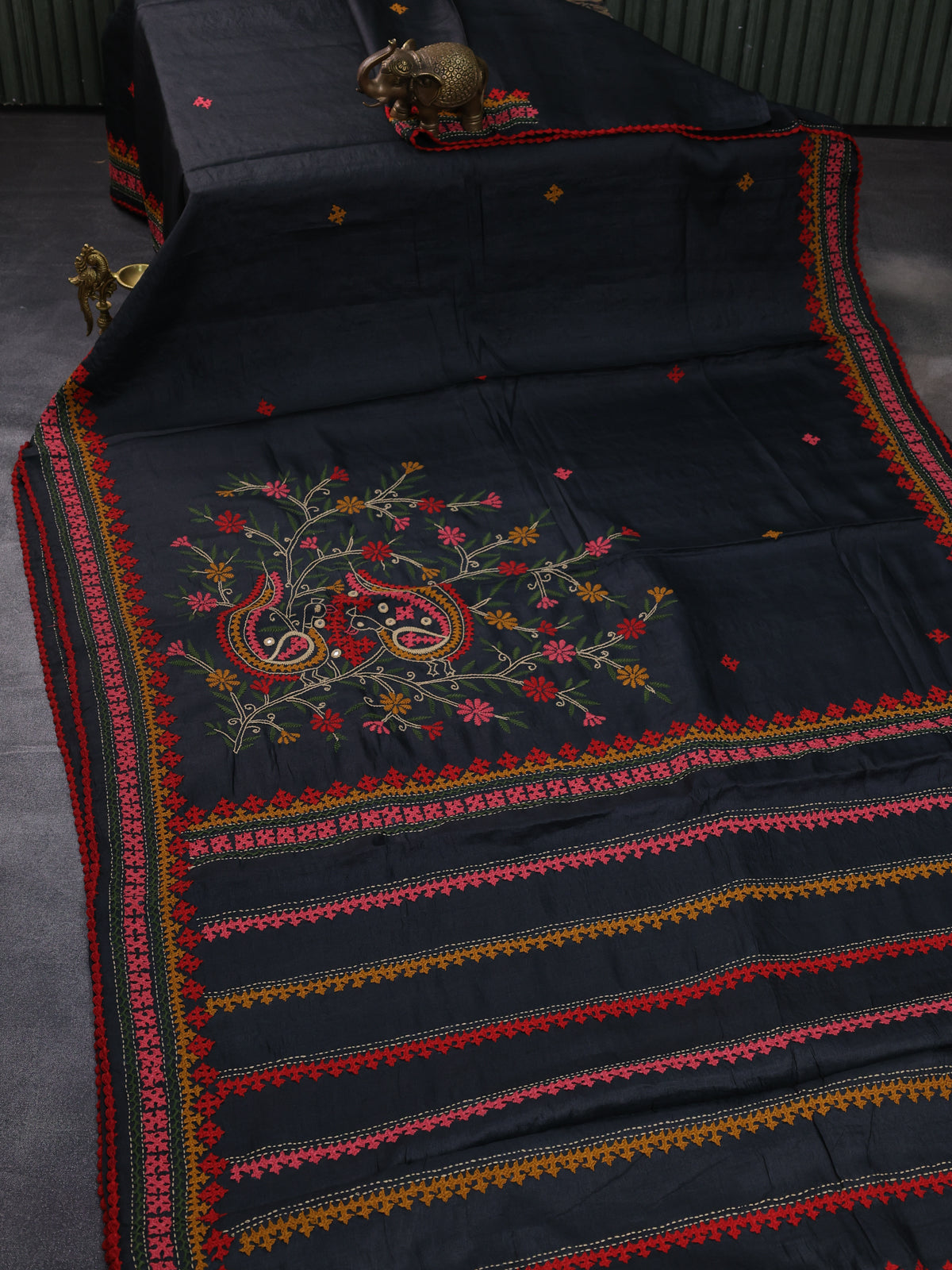 Elephant Grey & Red Pure Tussar Silk Saree With Allover Kutch Embroidery