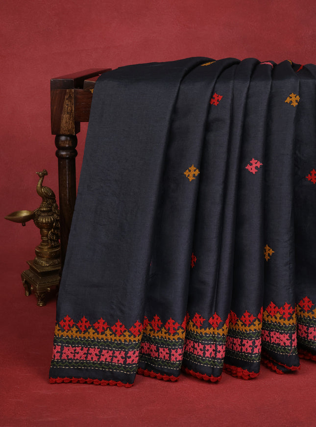 Elephant Grey & Red Pure Tussar Silk Saree With Allover Kutch Embroidery