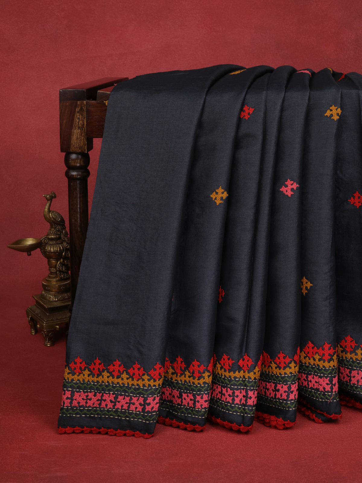 Elephant Grey & Red Pure Tussar Silk Saree With Allover Kutch Embroidery