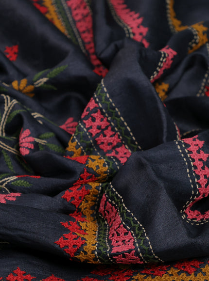Elephant Grey & Red Pure Tussar Silk Saree With Allover Kutch Embroidery