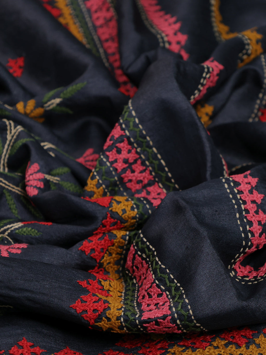 Elephant Grey & Red Pure Tussar Silk Saree With Allover Kutch Embroidery