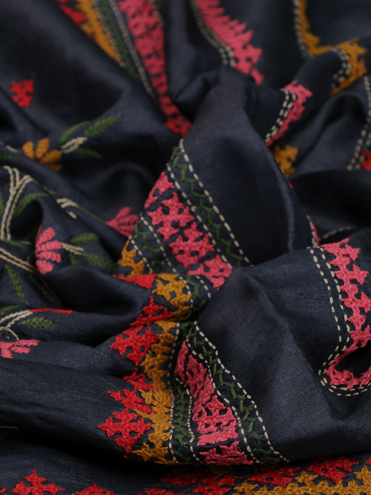 Elephant Grey & Red Pure Tussar Silk Saree With Allover Kutch Embroidery