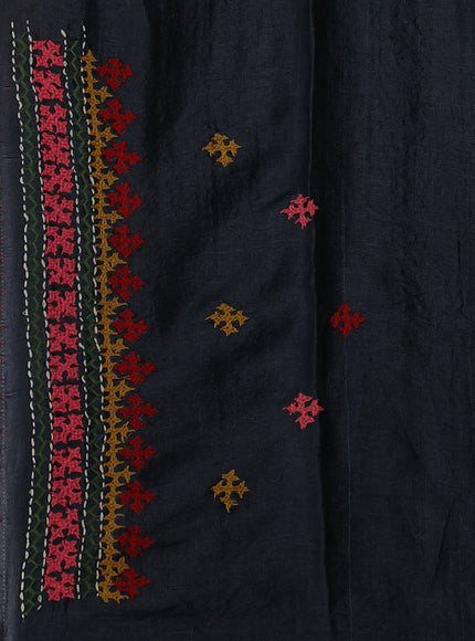 Elephant Grey & Red Pure Tussar Silk Saree With Allover Kutch Embroidery