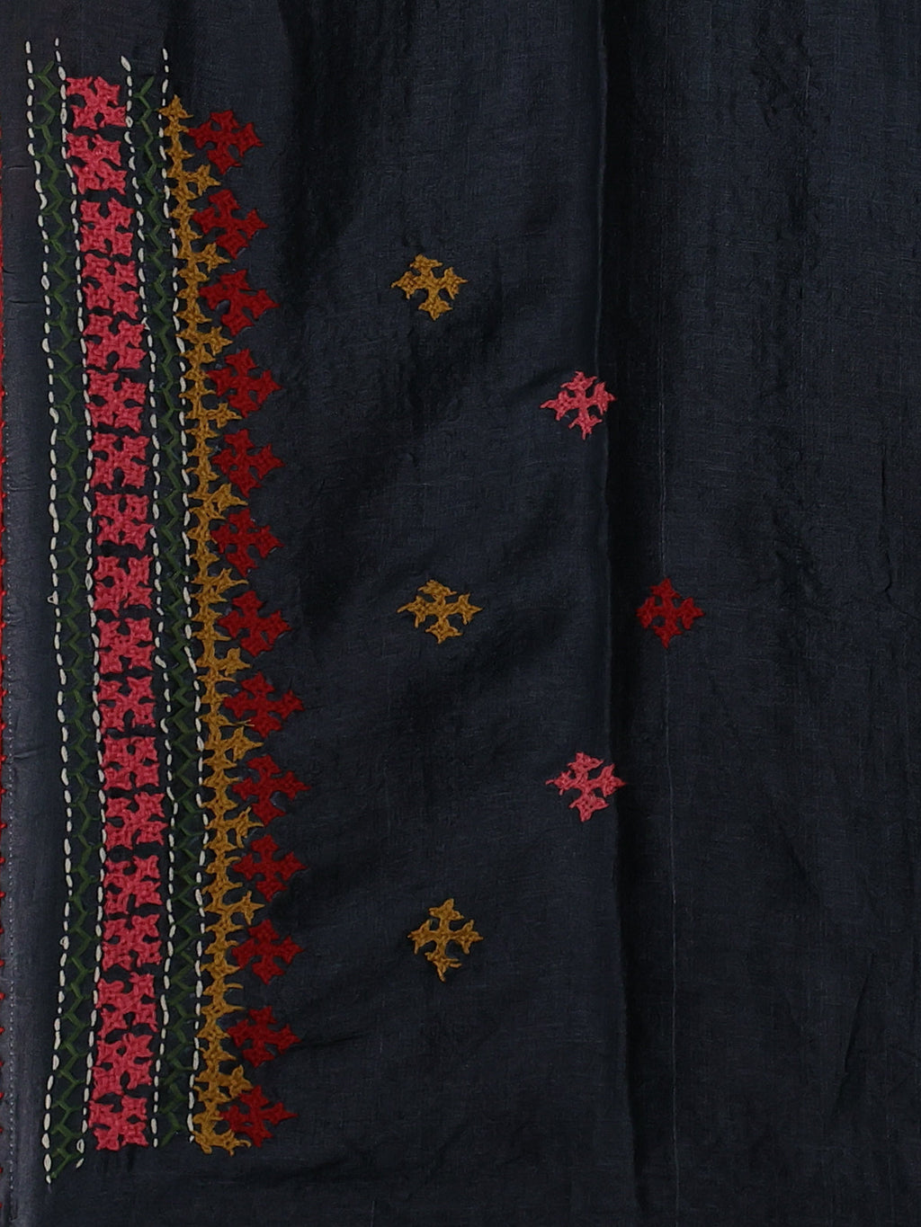 Elephant Grey & Red Pure Tussar Silk Saree With Allover Kutch Embroidery