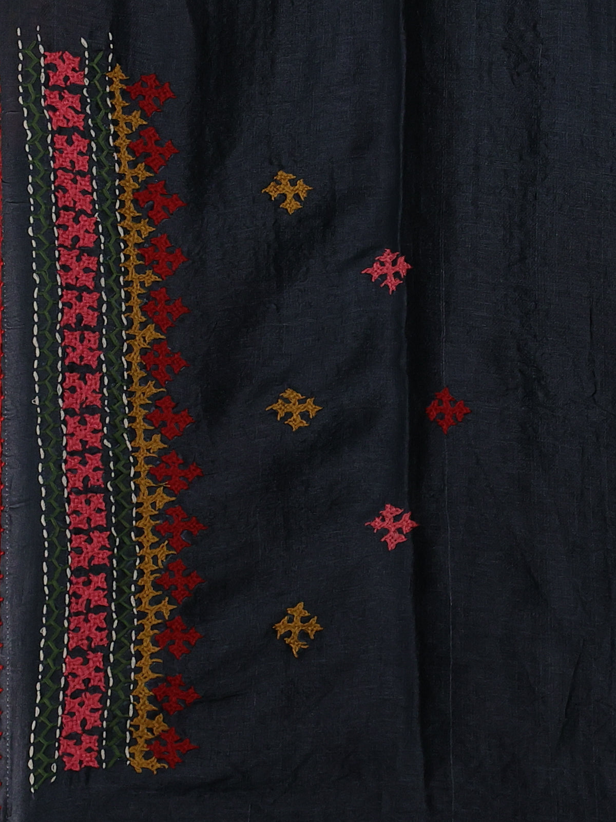 Elephant Grey & Red Pure Tussar Silk Saree With Allover Kutch Embroidery