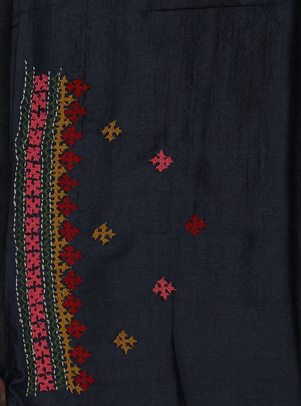 Elephant Grey & Red Pure Tussar Silk Saree With Allover Kutch Embroidery