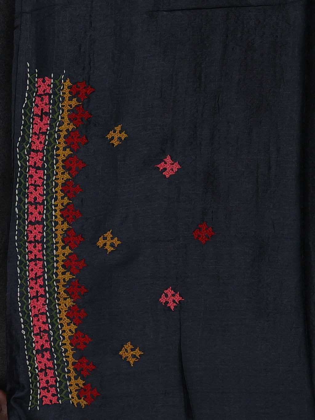 Elephant Grey & Red Pure Tussar Silk Saree With Allover Kutch Embroidery
