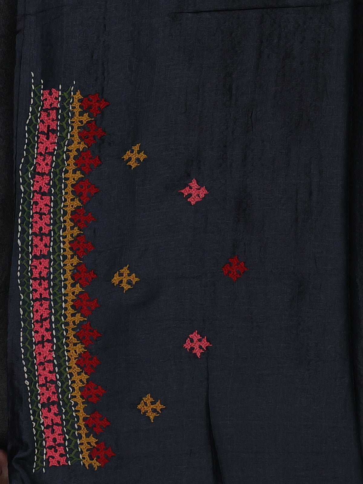 Elephant Grey & Red Pure Tussar Silk Saree With Allover Kutch Embroidery