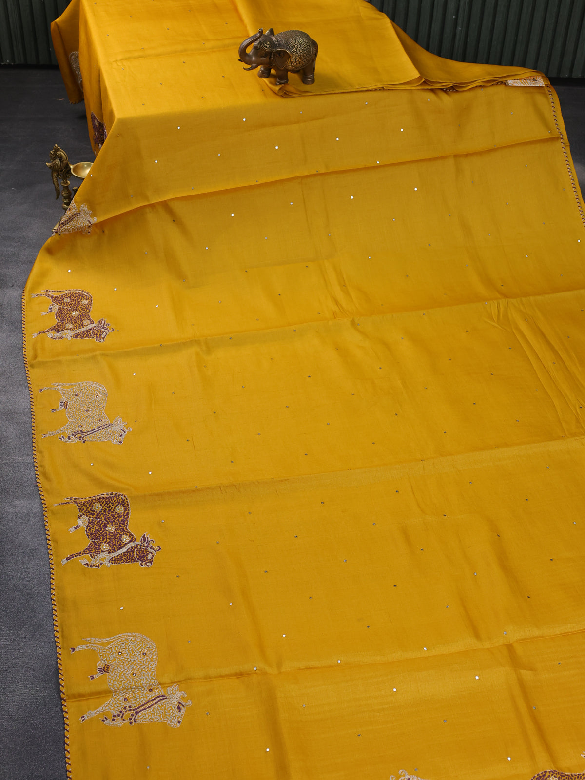 Mango Yellow Pure Tussar Silk Saree With Allover Mirror Work & Kutch Embroidery