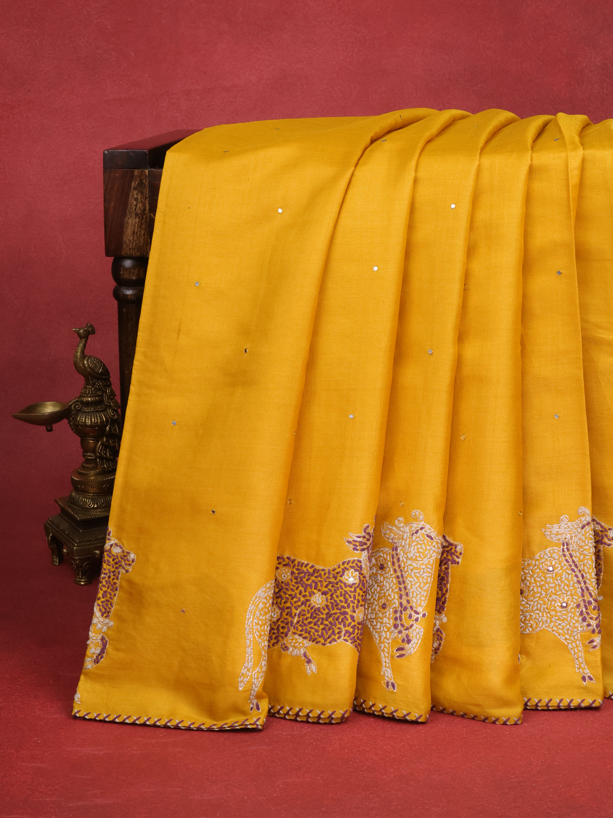 Mango Yellow Pure Tussar Silk Saree With Allover Mirror Work & Kutch Embroidery