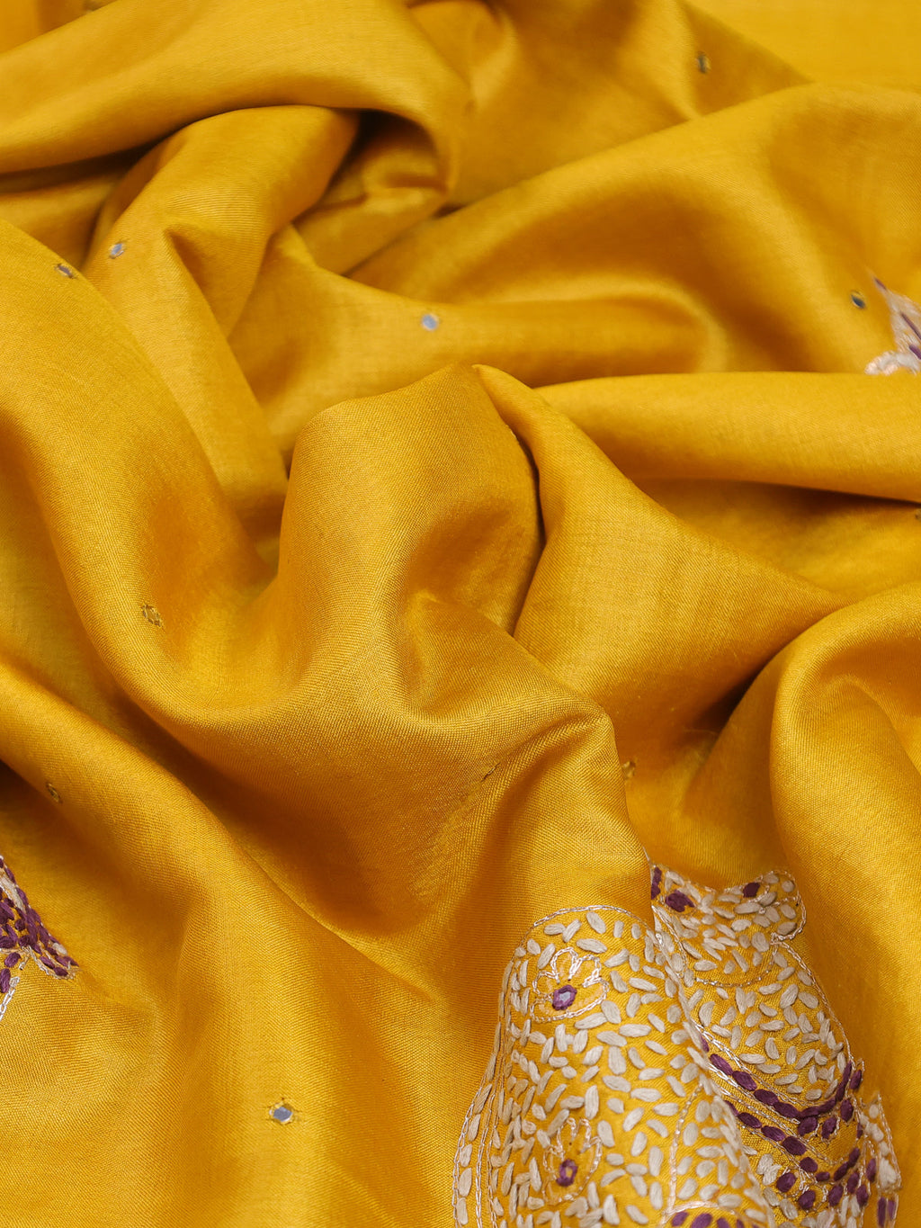 Mango Yellow Pure Tussar Silk Saree With Allover Mirror Work & Kutch Embroidery