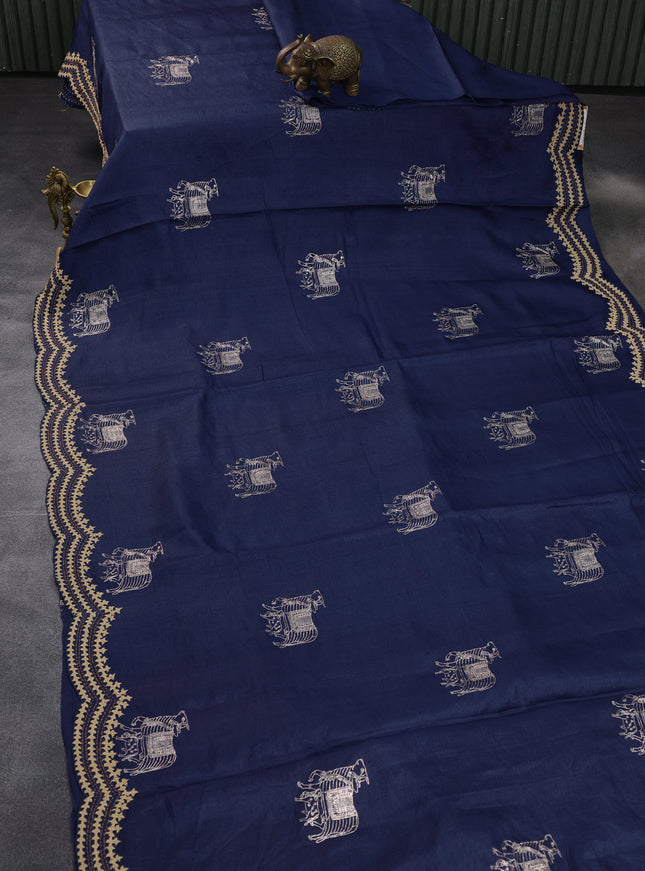 Blue Pure Tussar Silk Saree With Allover Kutch Embroidery & Pita Work