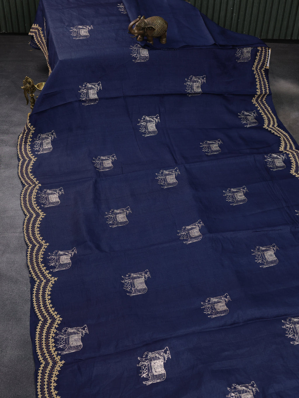 Blue Pure Tussar Silk Saree With Allover Kutch Embroidery & Pita Work