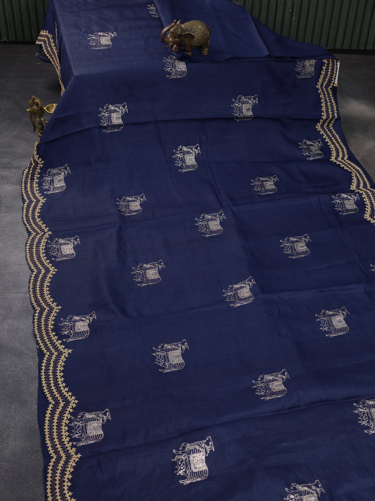 Blue Pure Tussar Silk Saree With Allover Kutch Embroidery & Pita Work