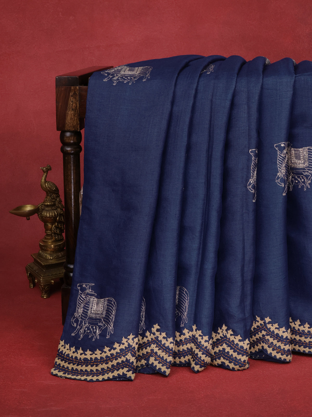 Blue Pure Tussar Silk Saree With Allover Kutch Embroidery & Pita Work