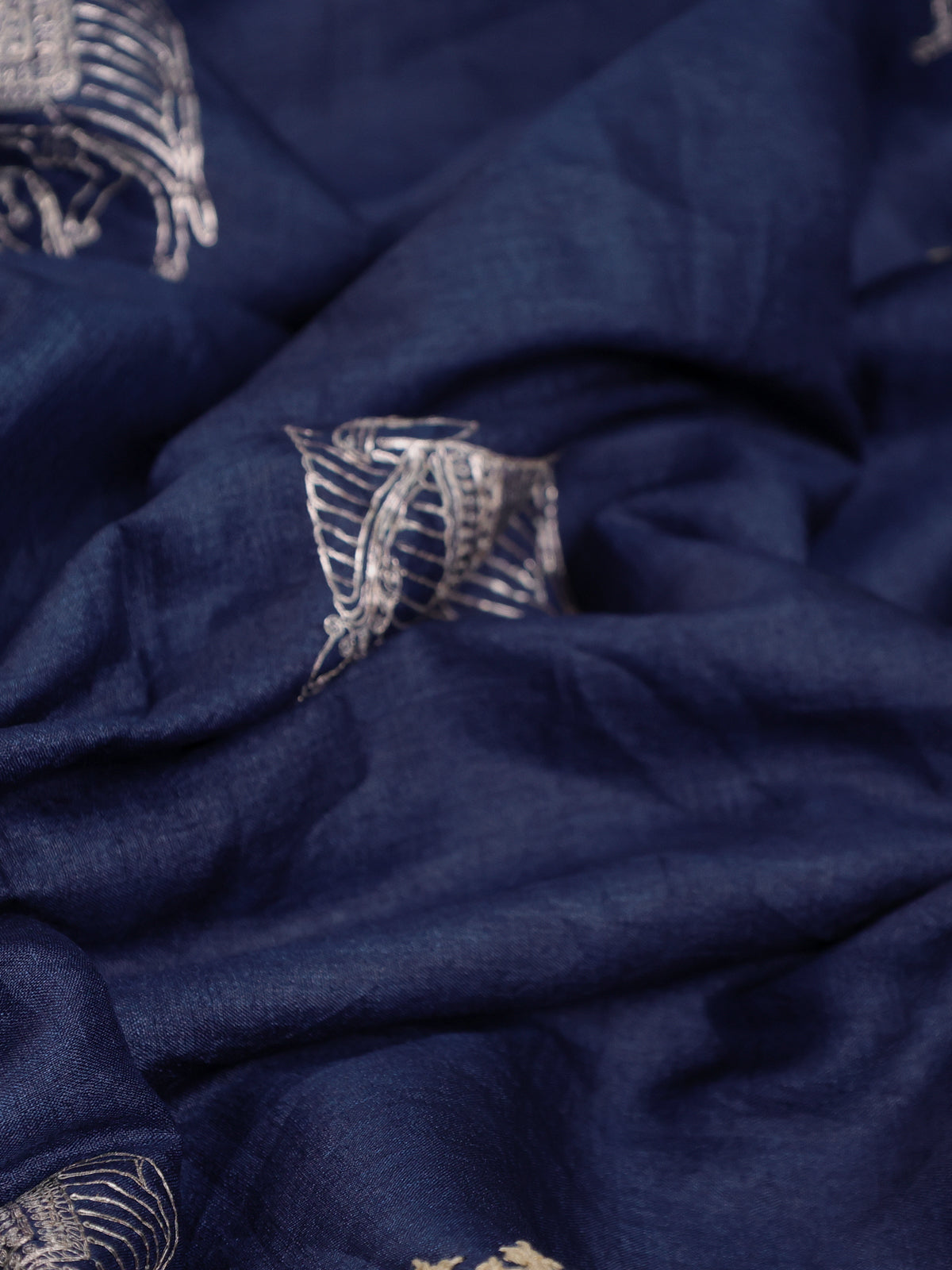 Blue Pure Tussar Silk Saree With Allover Kutch Embroidery & Pita Work