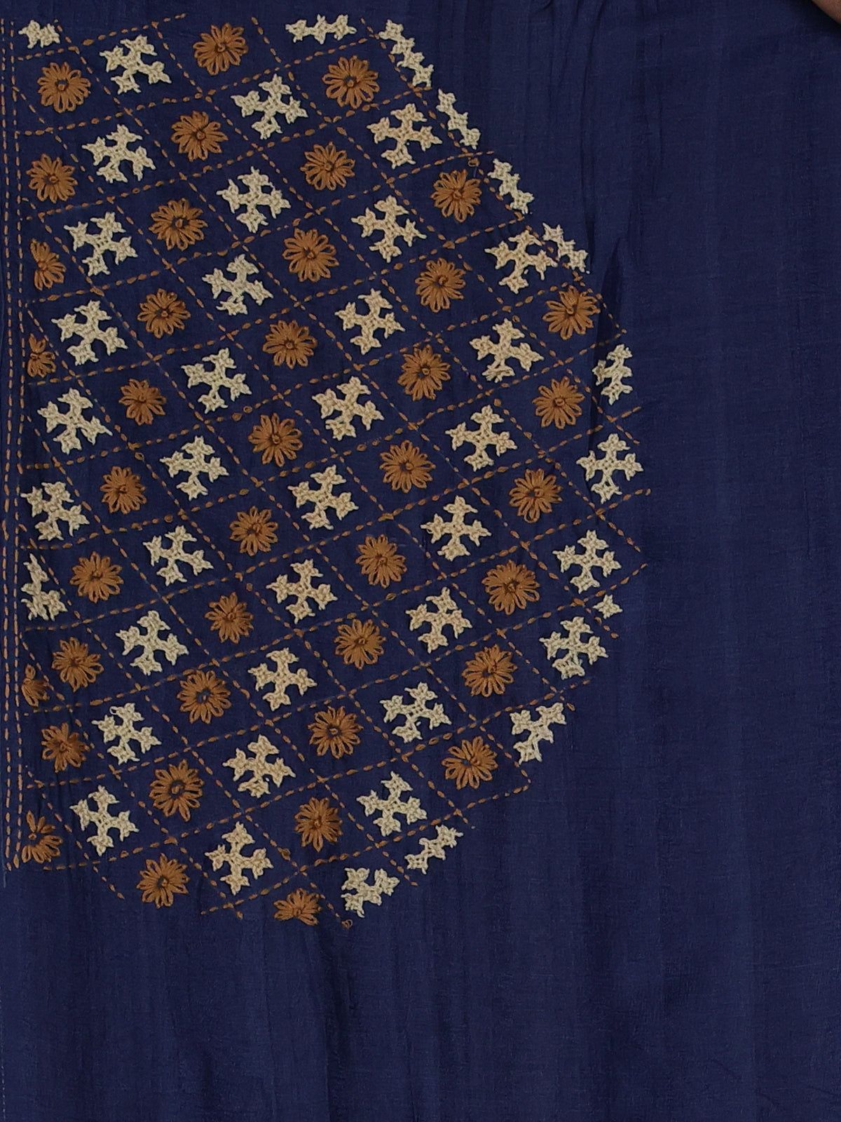 Blue Pure Tussar Silk Saree With Allover Kutch Embroidery & Pita Work