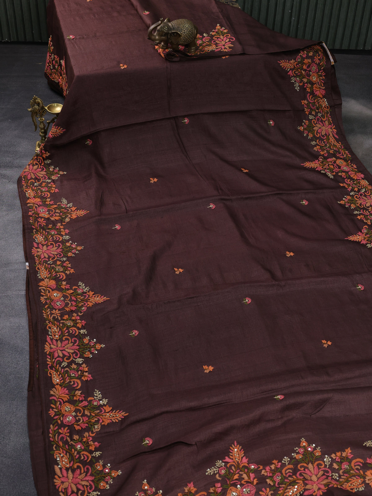 Brown Pure Tussar Silk Saree With Allover Kutch Embroidery
