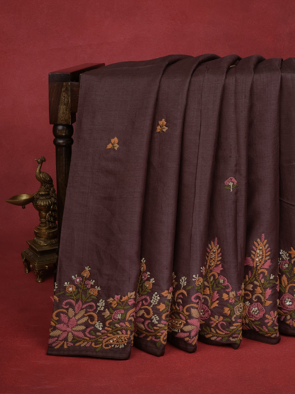 Brown Pure Tussar Silk Saree With Allover Kutch Embroidery