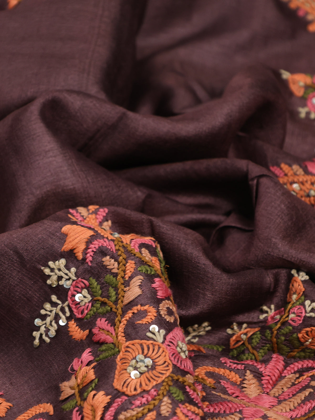 Brown Pure Tussar Silk Saree With Allover Kutch Embroidery