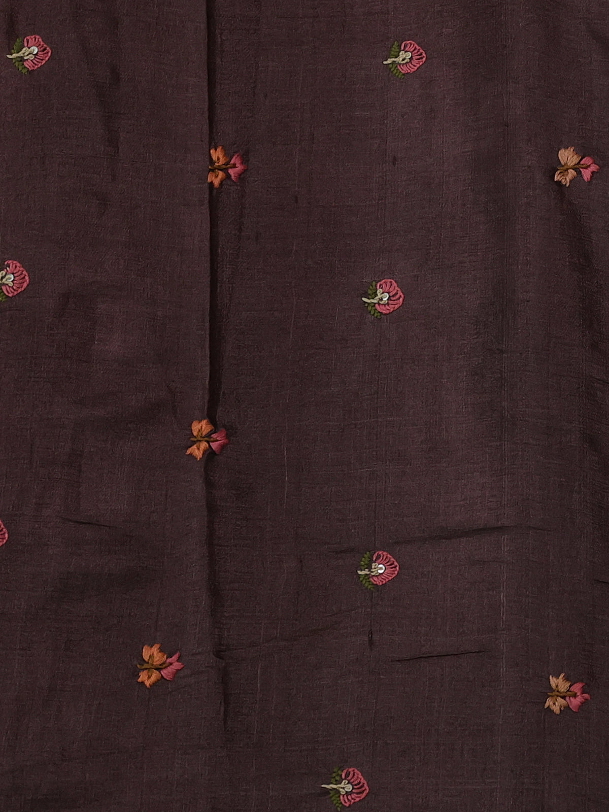 Brown Pure Tussar Silk Saree With Allover Kutch Embroidery