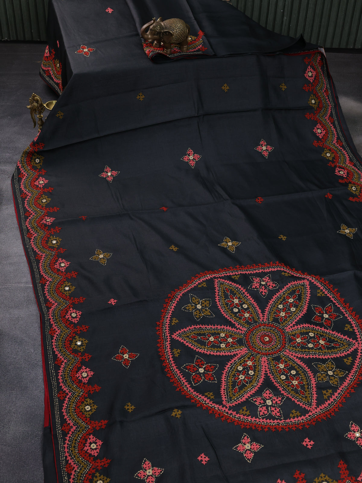 Elephant Grey & Red Pure Tussar Silk Saree With Allover Kutch Embroidery