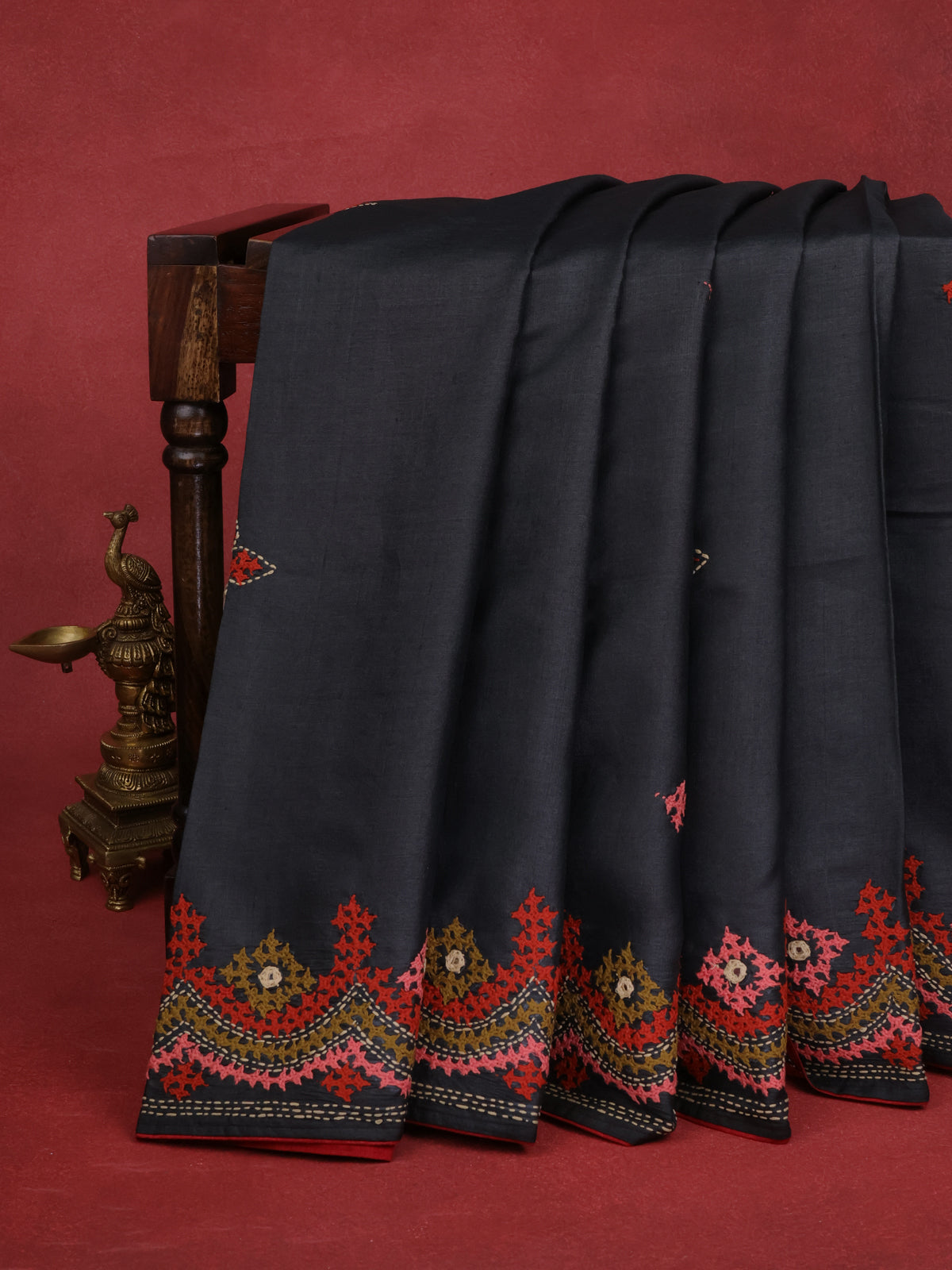 Elephant Grey & Red Pure Tussar Silk Saree With Allover Kutch Embroidery