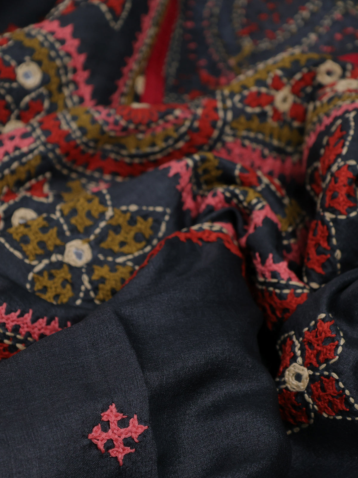 Elephant Grey & Red Pure Tussar Silk Saree With Allover Kutch Embroidery