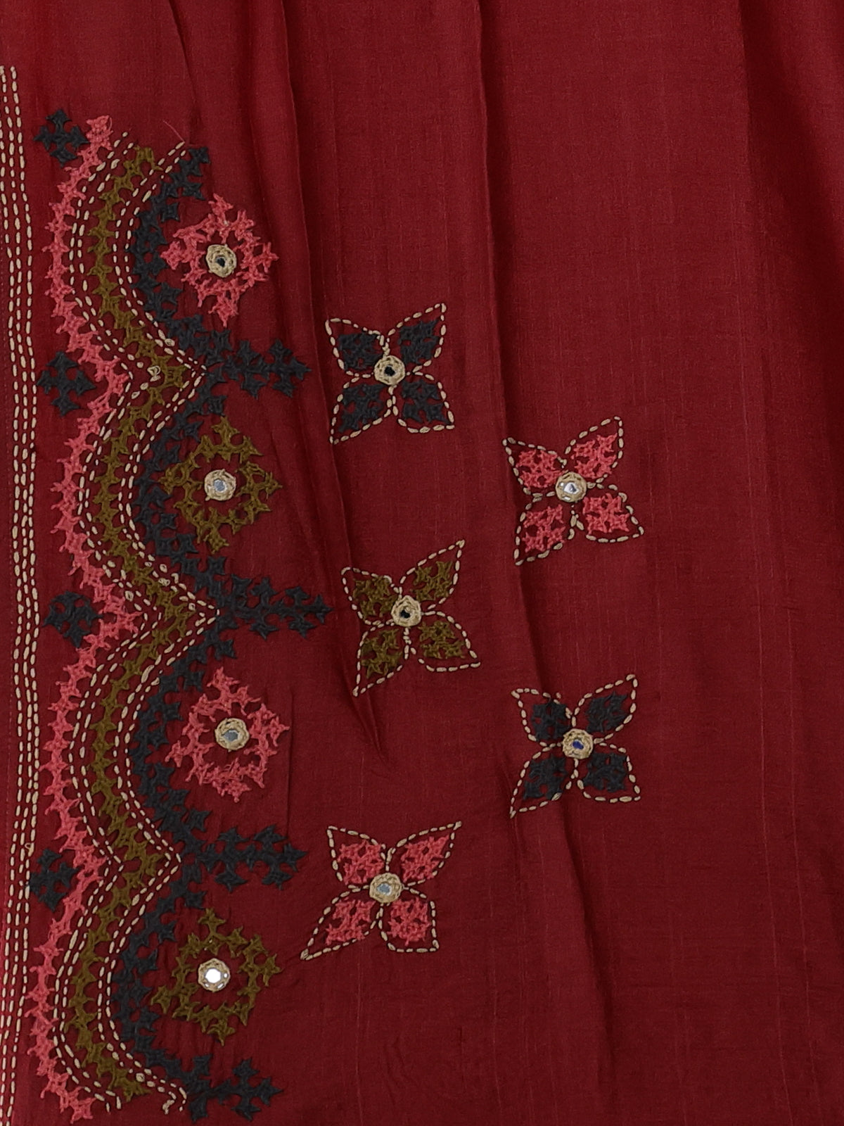 Elephant Grey & Red Pure Tussar Silk Saree With Allover Kutch Embroidery