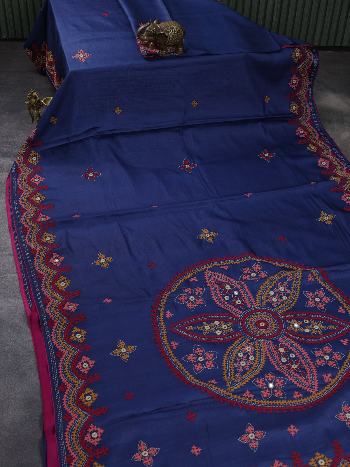 Peacock Blue & Pink Pure Tussar Silk Saree With Allover Kutch Embroidery
