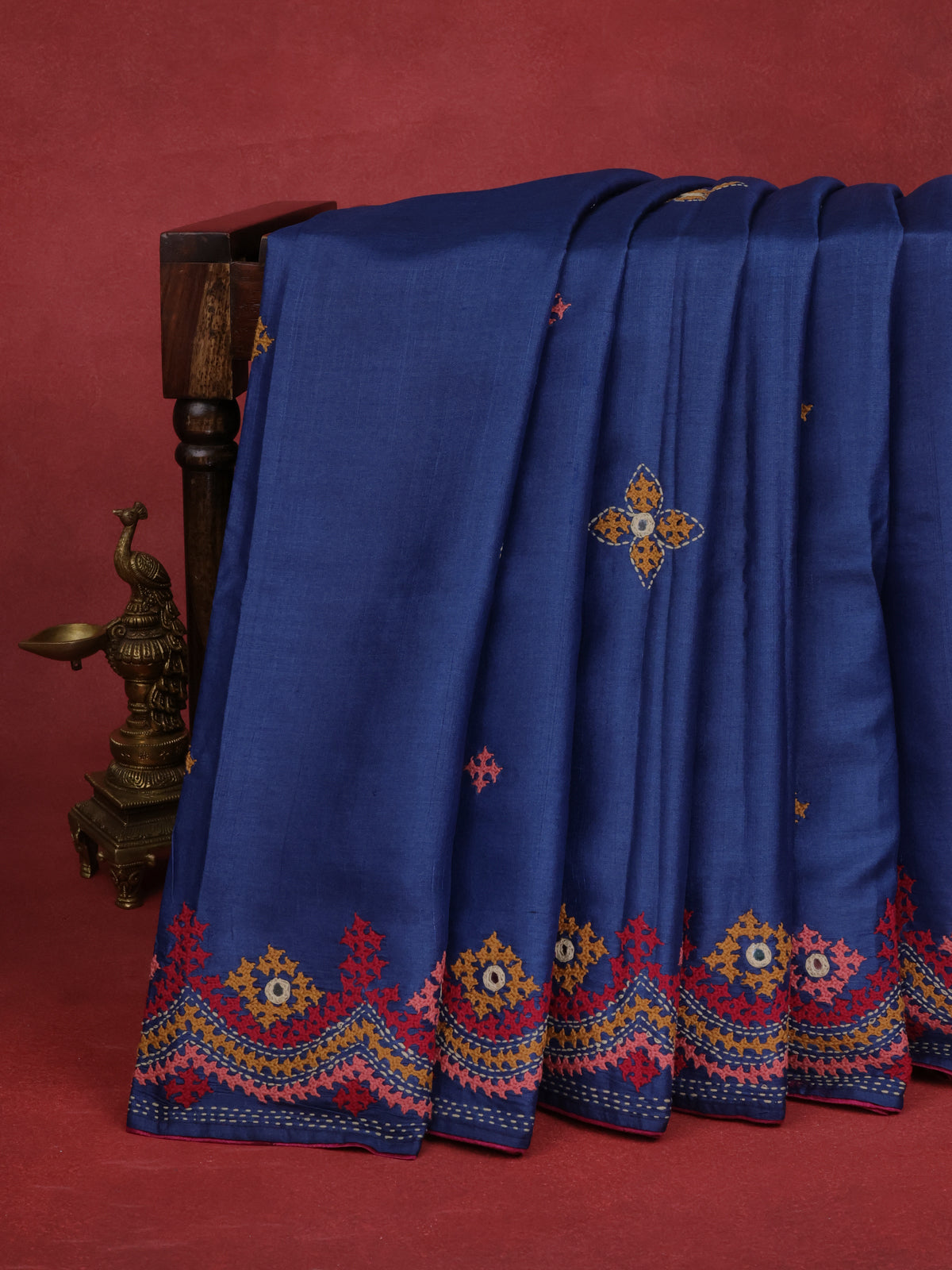 Peacock Blue & Pink Pure Tussar Silk Saree With Allover Kutch Embroidery
