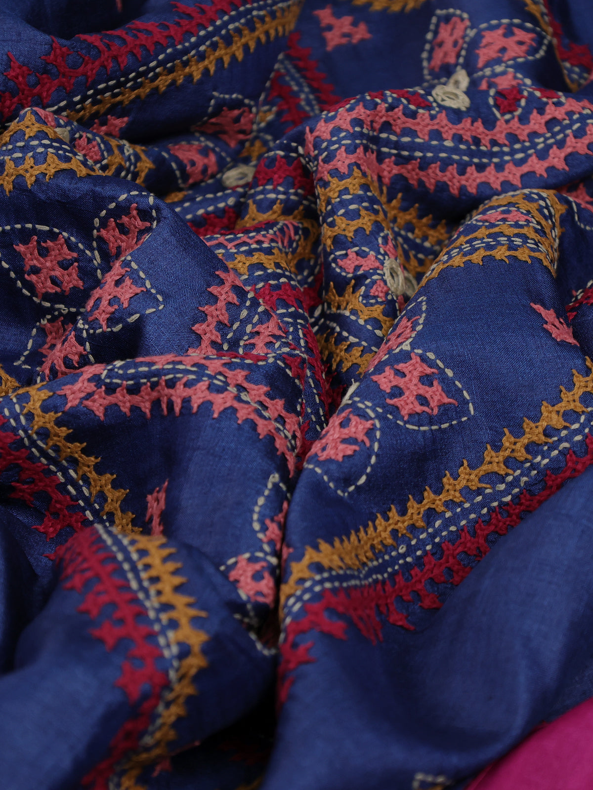 Peacock Blue & Pink Pure Tussar Silk Saree With Allover Kutch Embroidery