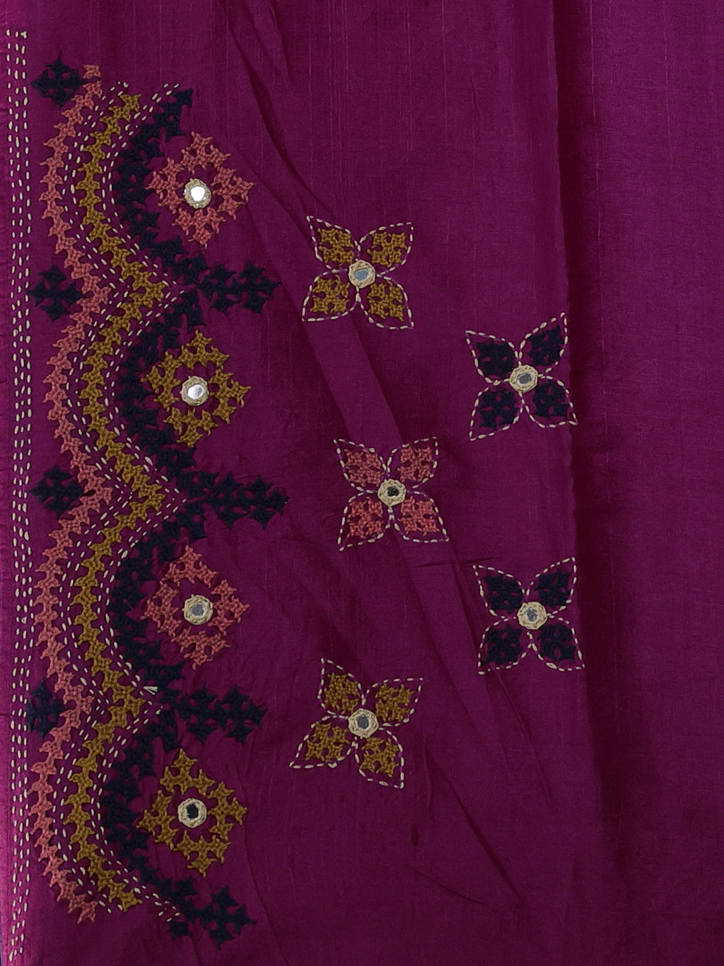 Peacock Blue & Pink Pure Tussar Silk Saree With Allover Kutch Embroidery