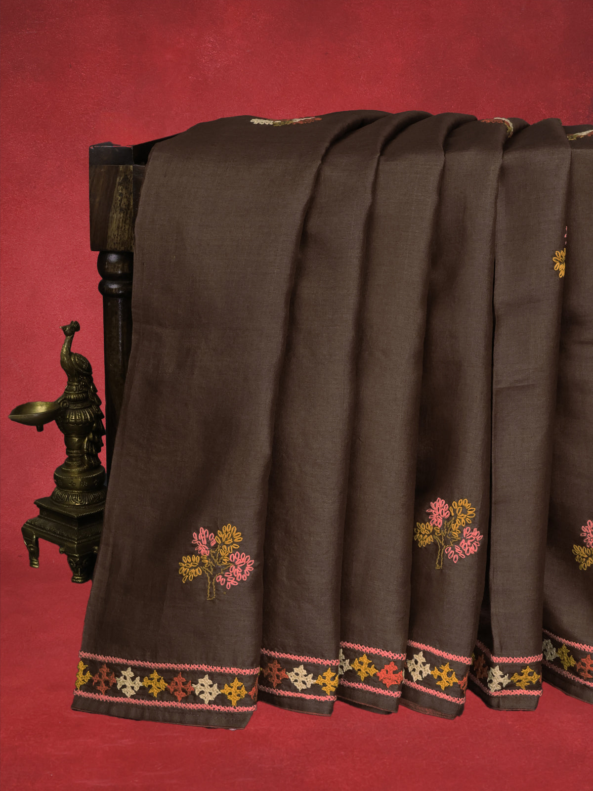 Brown Pure Tussar Silk Saree With Allover Kutch Embroidery