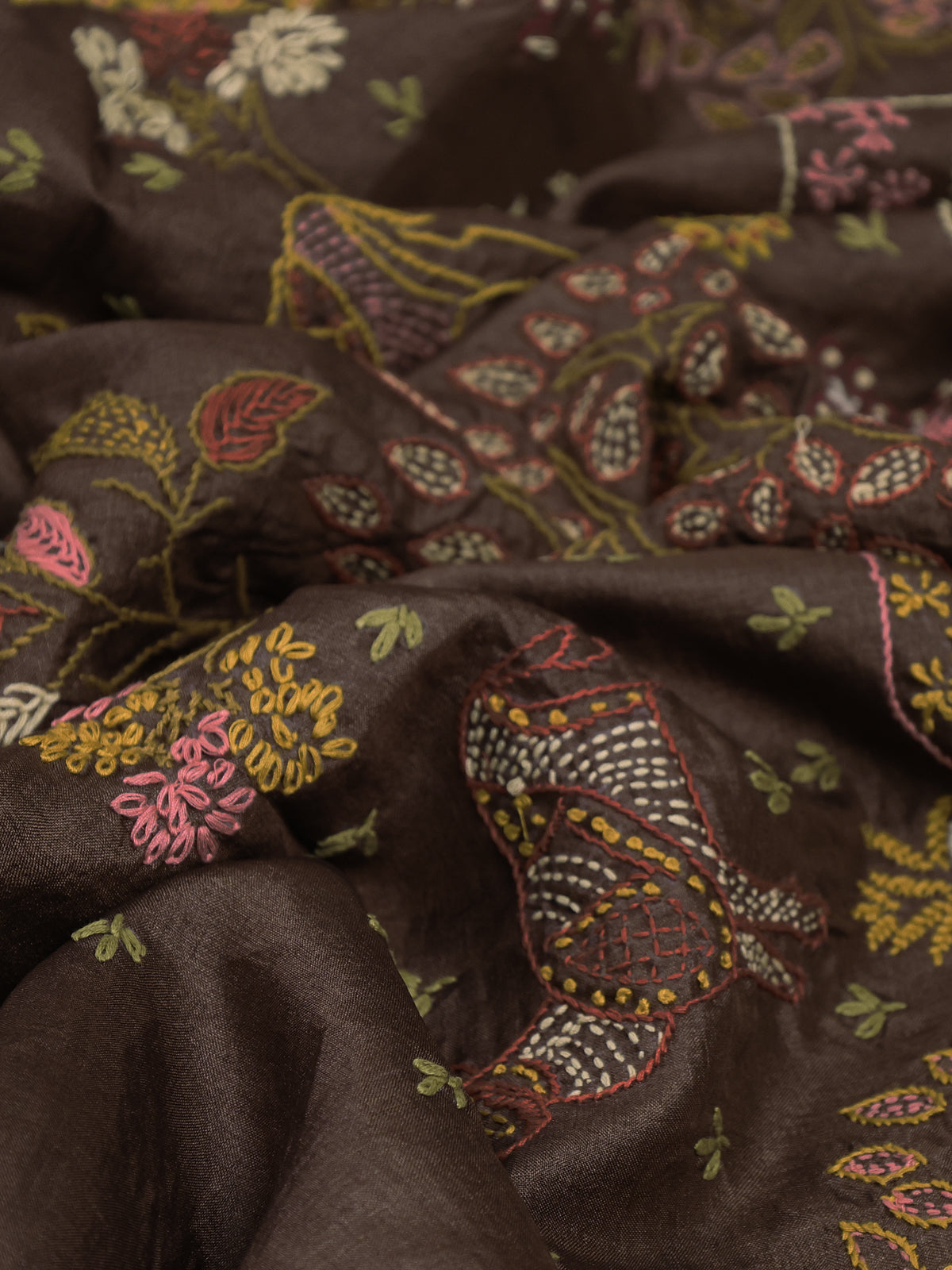 Brown Pure Tussar Silk Saree With Allover Kutch Embroidery