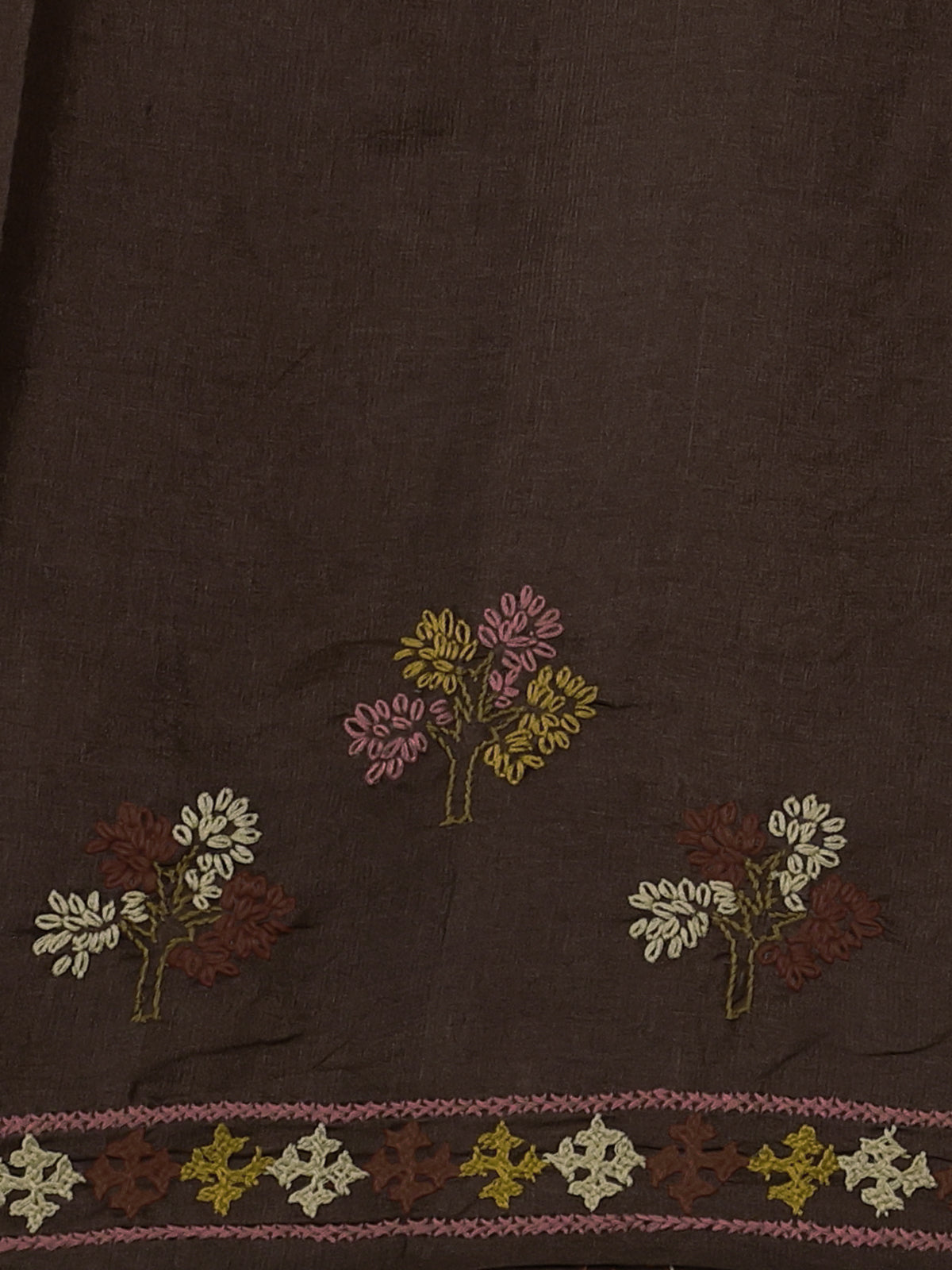 Brown Pure Tussar Silk Saree With Allover Kutch Embroidery