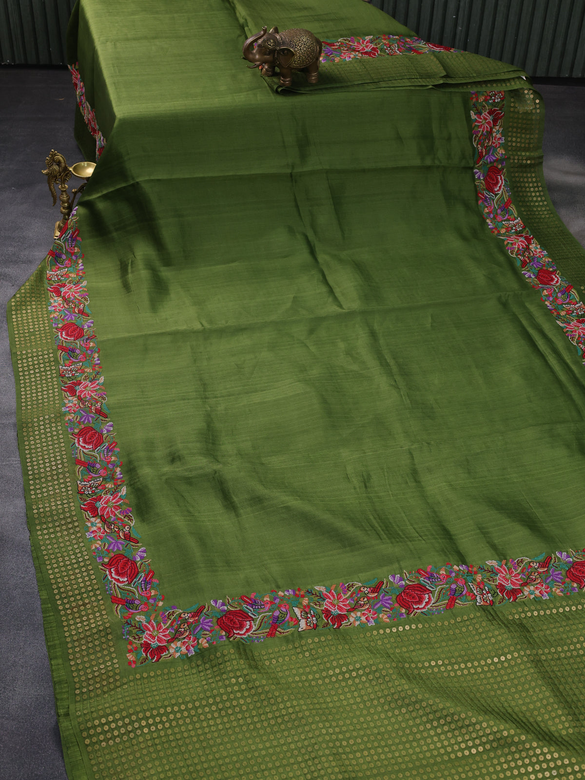 Green Bengal Tussar Silk Saree With Convent Embroidery And Sequin Weaves