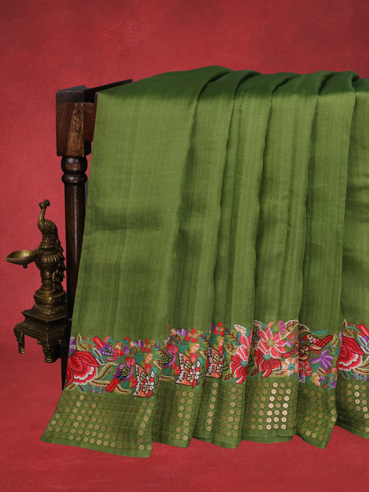 Green Bengal Tussar Silk Saree With Convent Embroidery And Sequin Weaves