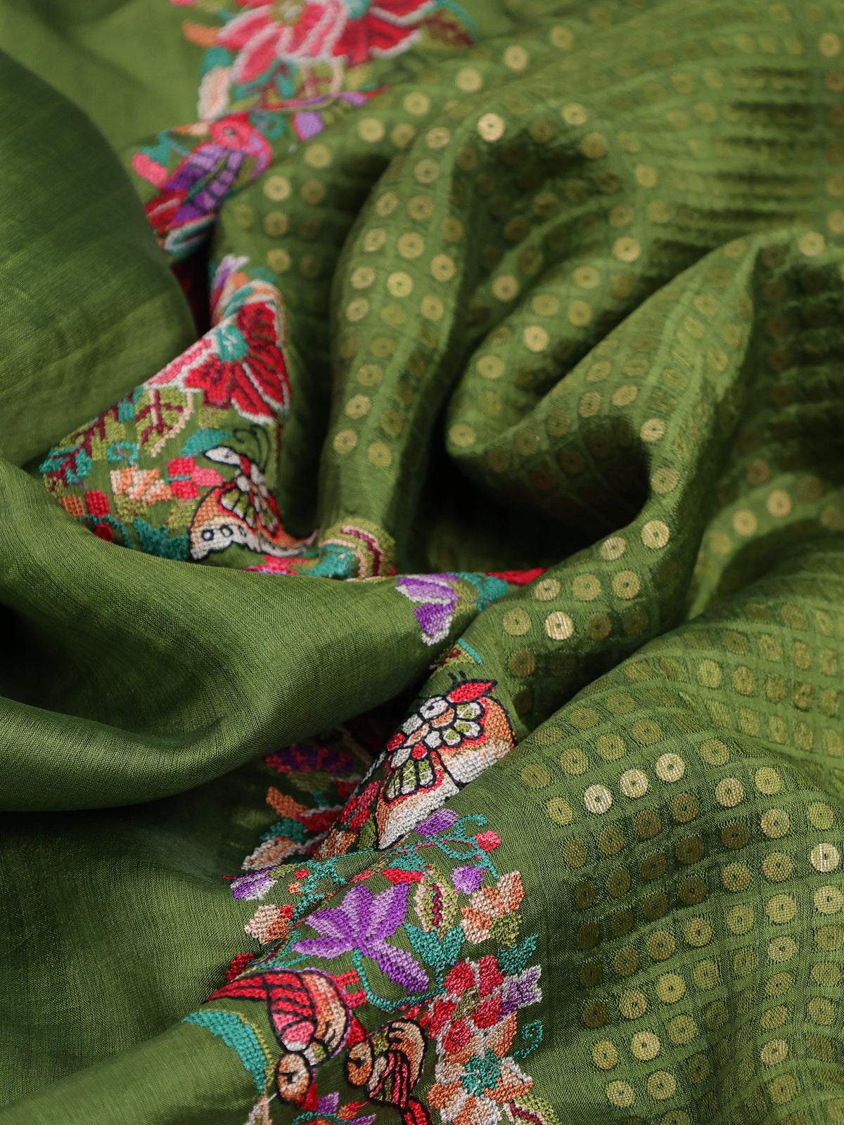 Green Bengal Tussar Silk Saree With Convent Embroidery And Sequin Weaves