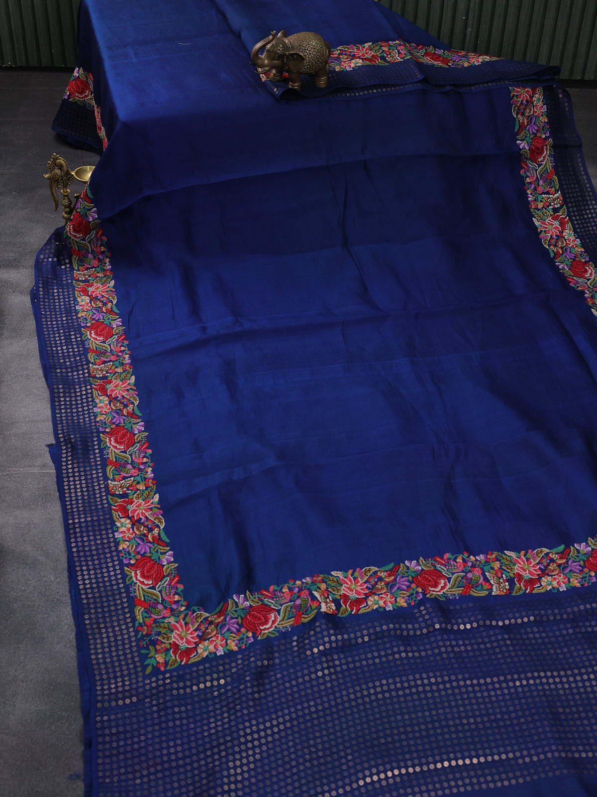 Peacock Blue Bengal Tussar Silk Saree With Convent Embroidery And Sequin Weaves