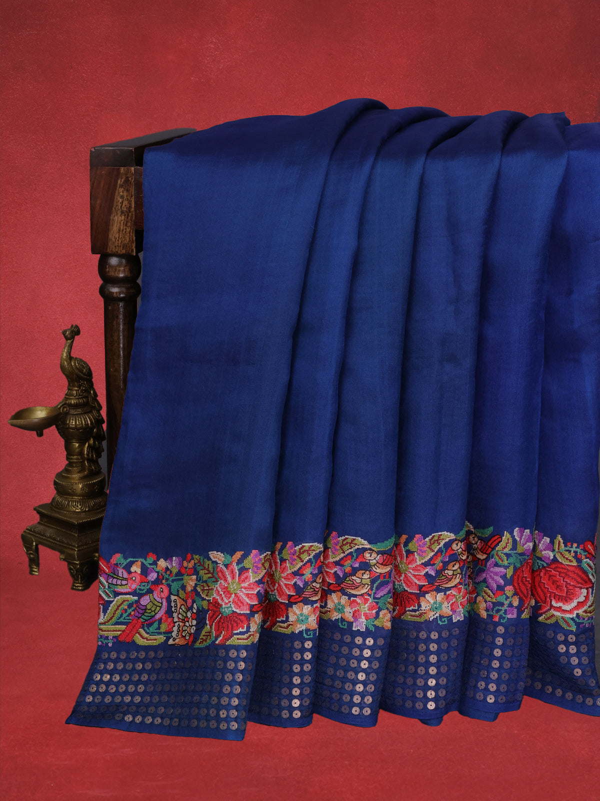 Peacock Blue Bengal Tussar Silk Saree With Convent Embroidery And Sequin Weaves