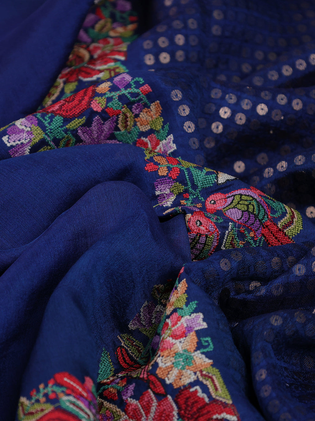 Peacock Blue Bengal Tussar Silk Saree With Convent Embroidery And Sequin Weaves