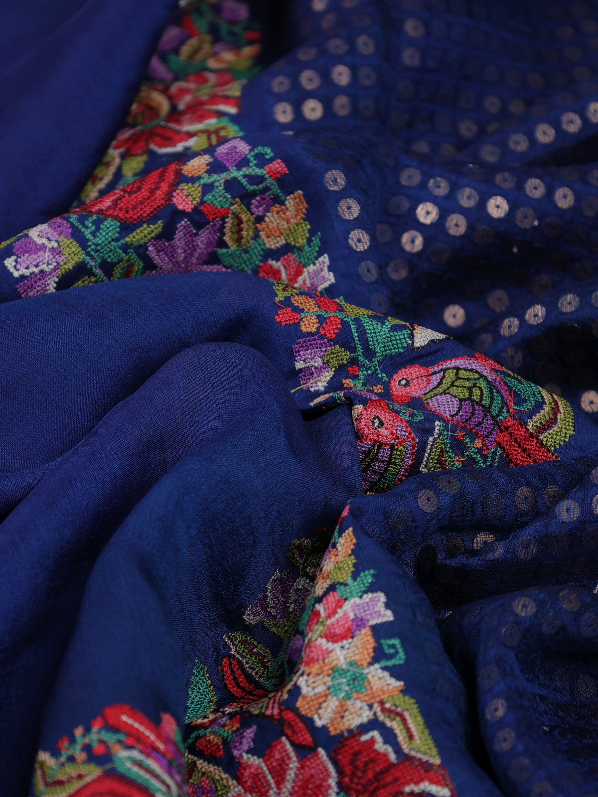 Peacock Blue Bengal Tussar Silk Saree With Convent Embroidery And Sequin Weaves