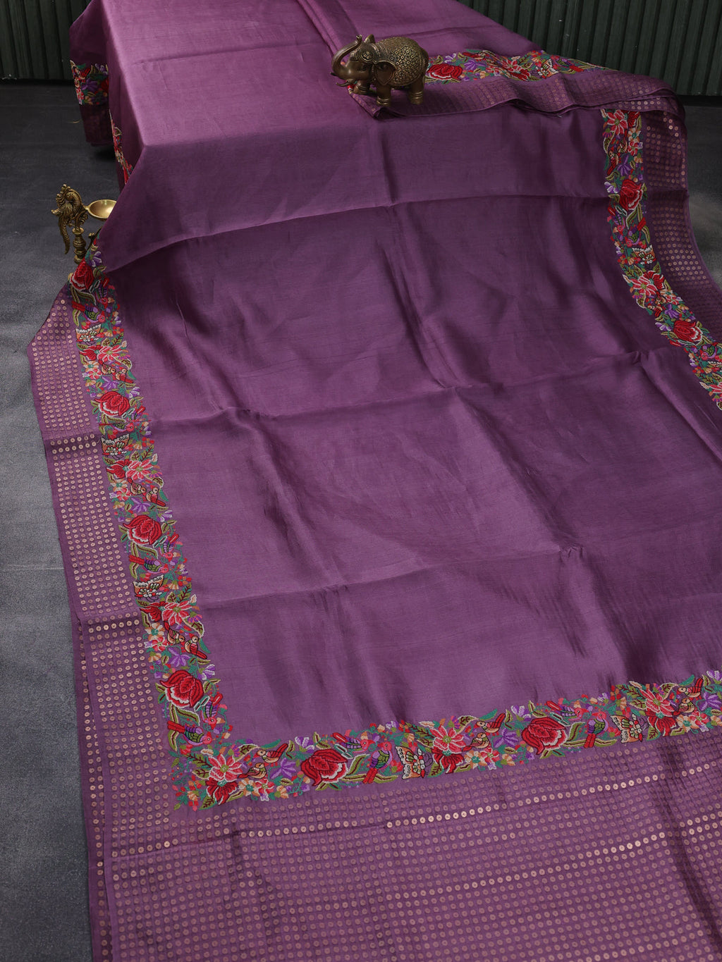 Purple Bengal Tussar Silk Saree With Convent Embroidery And Sequin Weaves