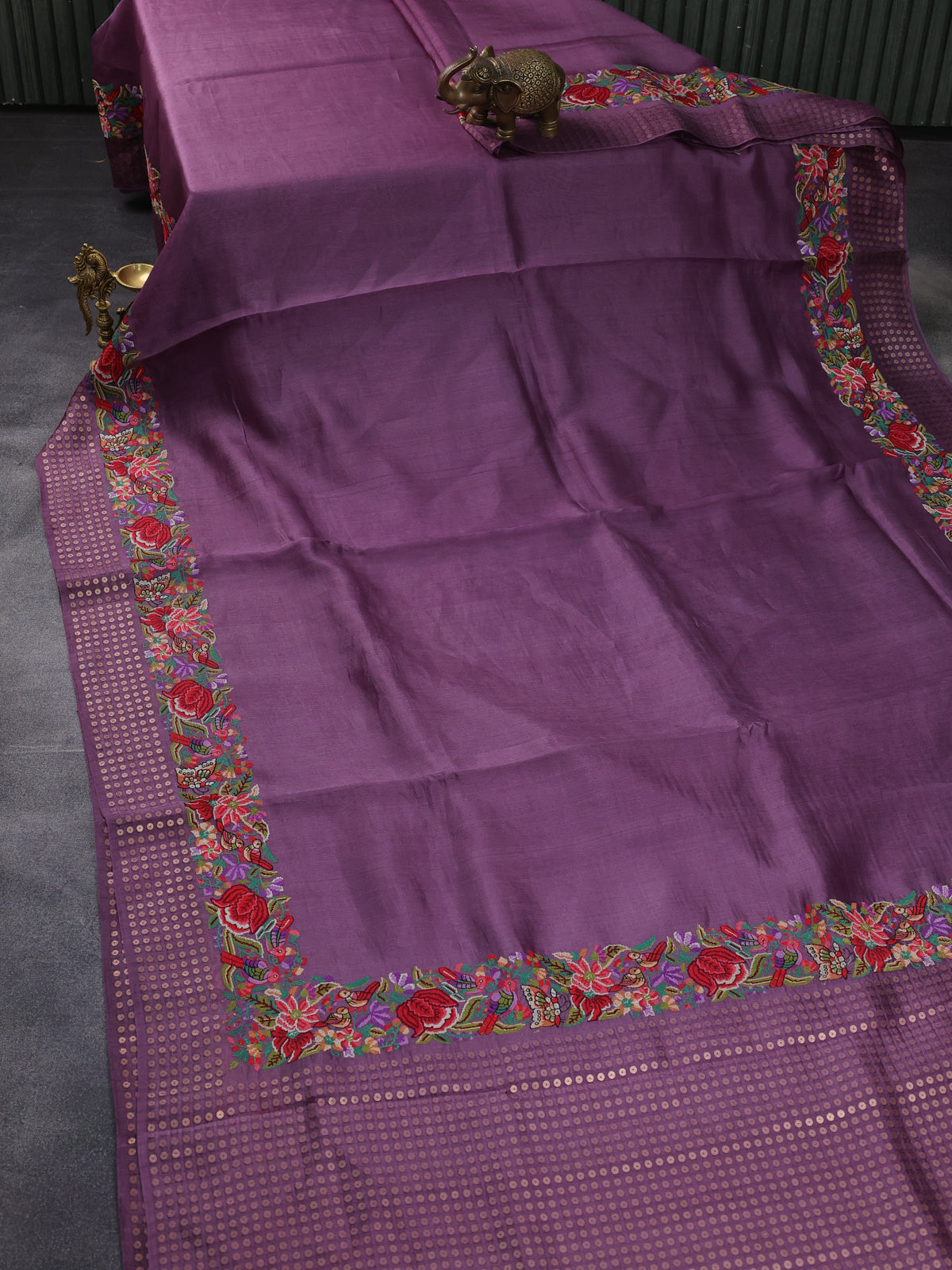 Purple Bengal Tussar Silk Saree With Convent Embroidery And Sequin Weaves