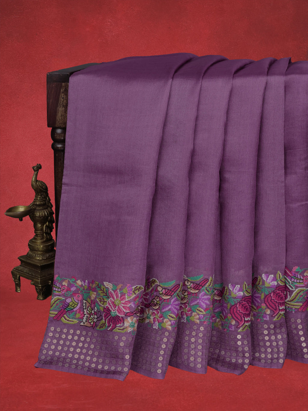 Purple Bengal Tussar Silk Saree With Convent Embroidery And Sequin Weaves