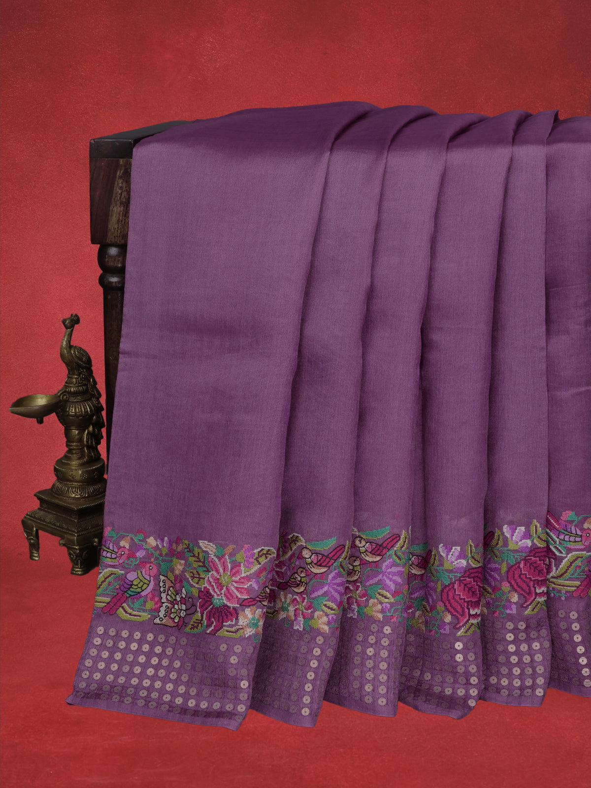 Purple Bengal Tussar Silk Saree With Convent Embroidery And Sequin Weaves