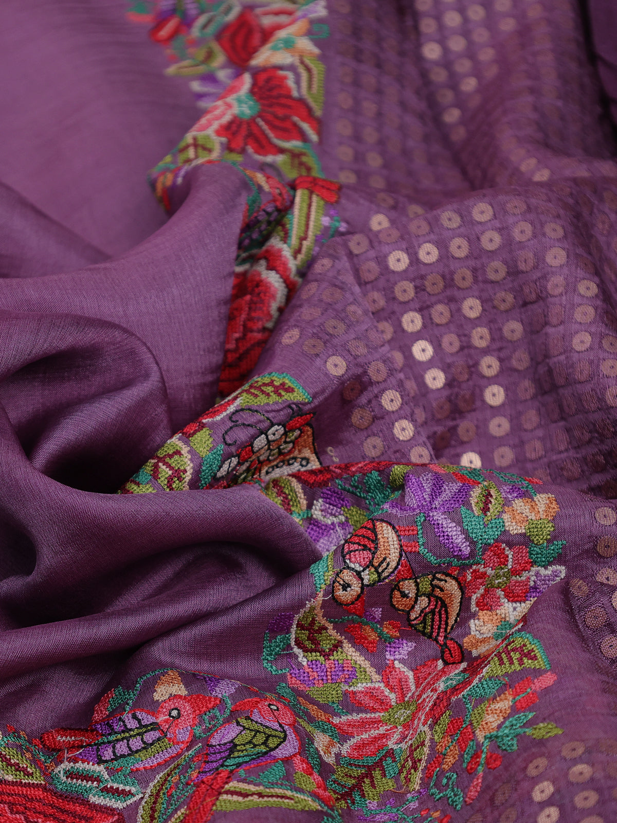 Purple Bengal Tussar Silk Saree With Convent Embroidery And Sequin Weaves