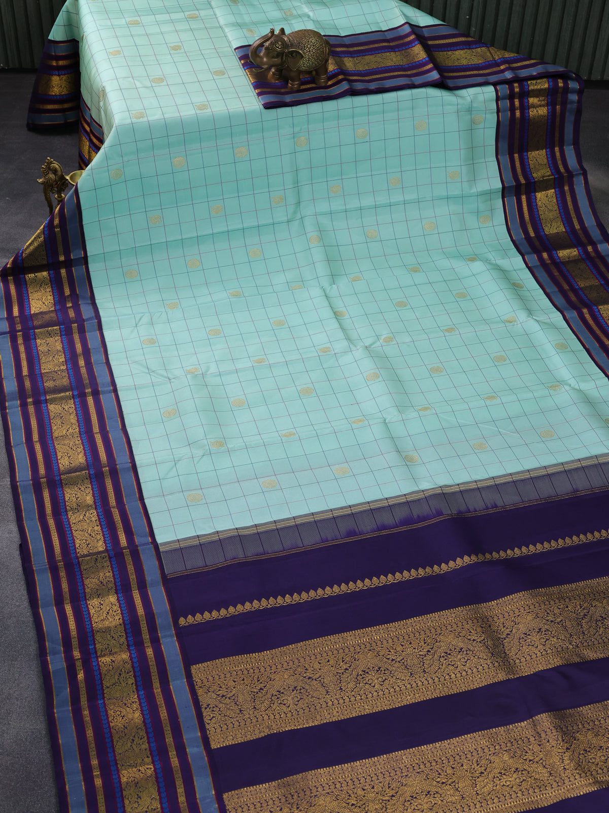 Teal Blue & Navy Blue Kanchipuram Silk Saree Witth Allover Checks & Zari Buttas
